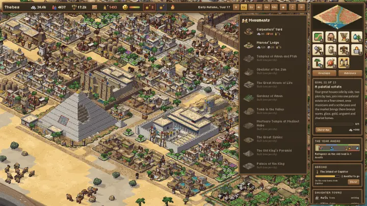 An Egyptian city with the Monuments menu open