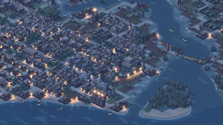 Ugarit at night, the quays and streets lamplit